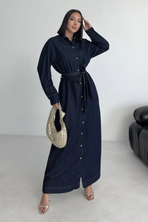 Buttoned Classic Long Denim Dress 3034-17-(S-XL) Slubbed Navy Blue