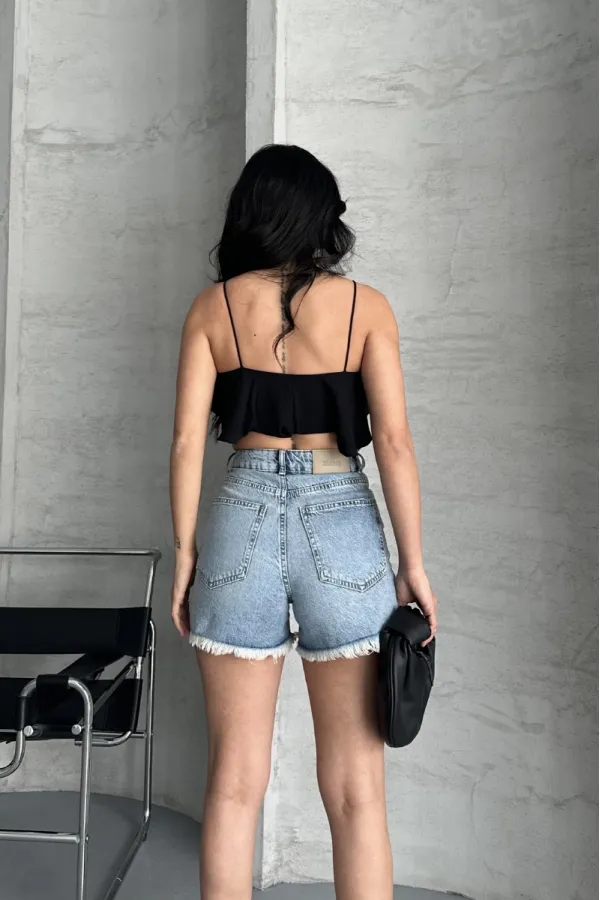 Ripped Denim Short with Fringe Ending 225-14-(36-42-6-2) Light Blue and Tinted Ripped Denim Short with Fringe Ending 225-14-(36-42-6-2) Light Blue and Tinted