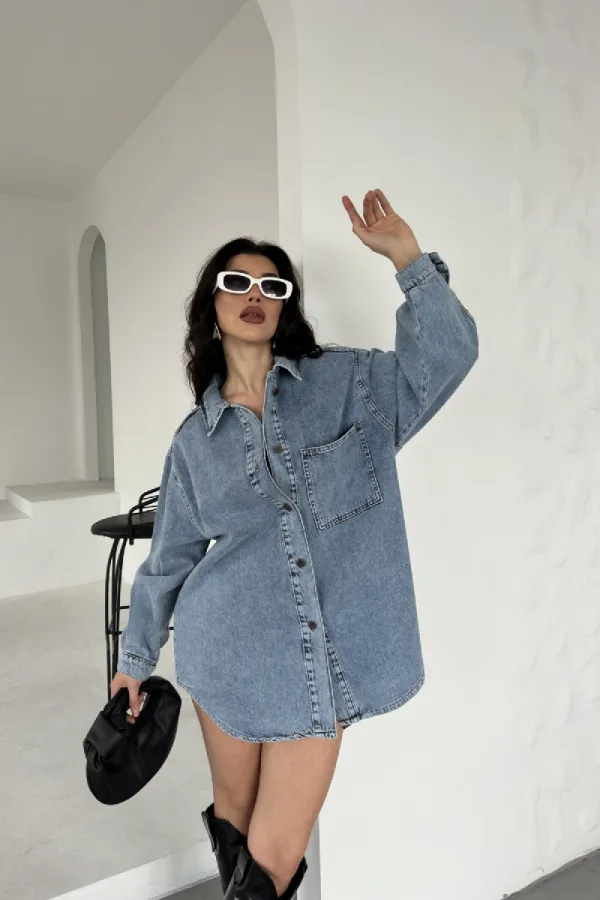 Oversize Denim Jacket with Buttons 6080-08-(S+L+3) Snow Light Blue