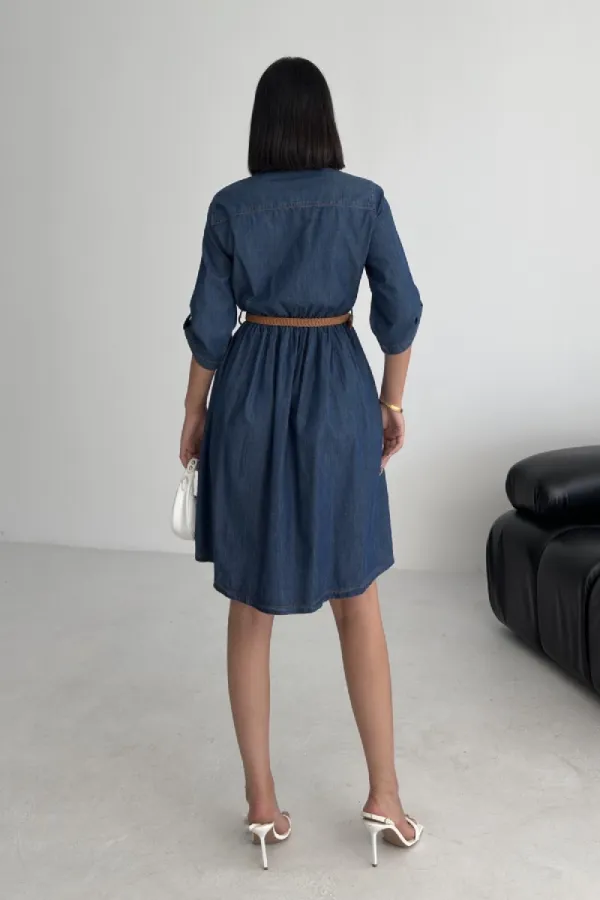 Büzgü Detaylı Kısa Kot Elbise 3040-26-(S-XL)