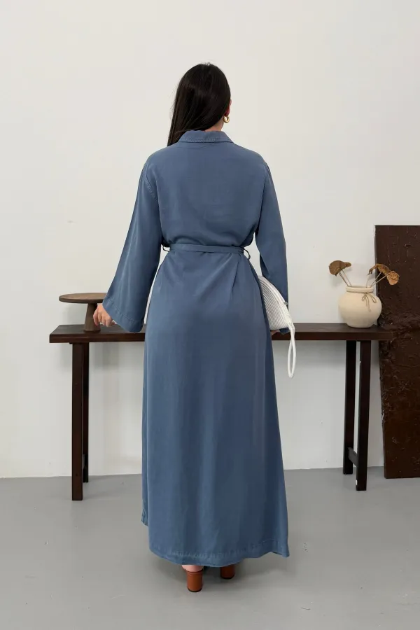 Belted Long Denim Dress 3035-98-(S-XL) 