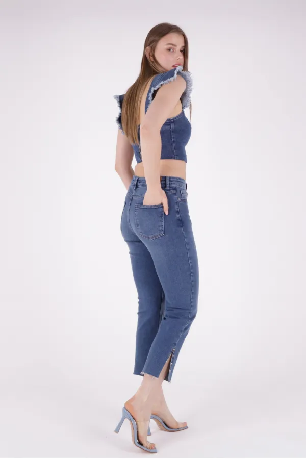 Mom Jean with Side Slits  1774-01-(28-33) Dark Blue Denim