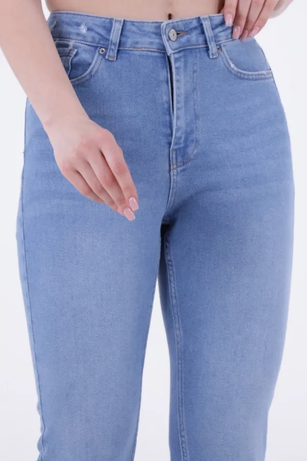 Fringe Ending High Waisted Mom Fit Jean 764-15-(30-33) Light Blue Denim