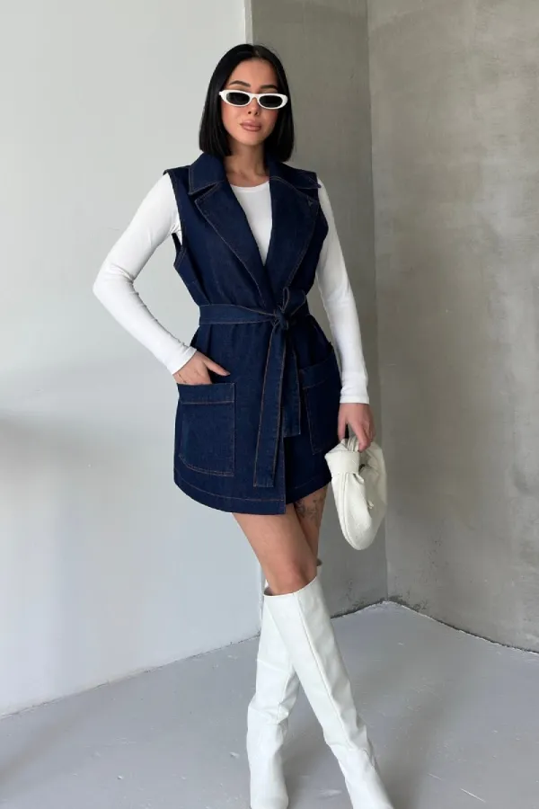 Belted and Cross Over Collar Denim Vest 6137-26-(S-XL) Regular Dark Blue
