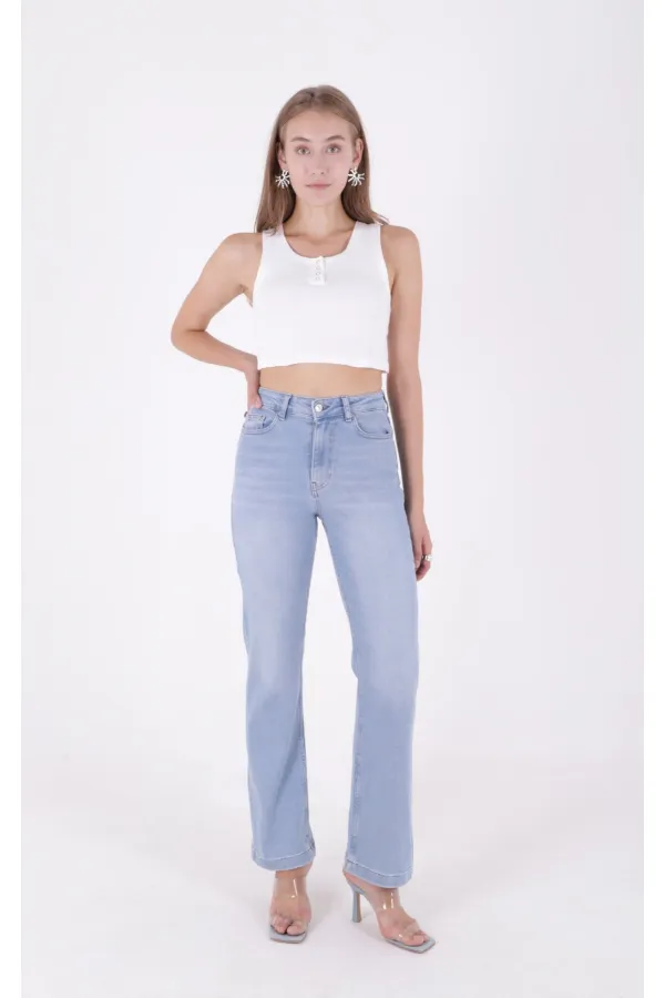 Stitched Hems Wide Leg Relaxed Jean 7026-15-(30-36) Light Blue Denim Stitched Hems Wide Leg Relaxed Jean 7026-15-(30-36) Light Blue Denim