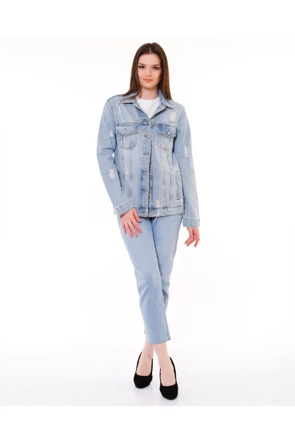 Boyfriend Denim Jacket 655-42-(S-XL-6) Ice Blue - Tinted Boyfriend Denim Jacket 655-42-(S-XL-6) Ice Blue - Tinted