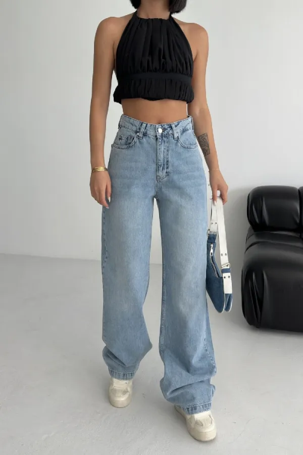 Wide Leg High Waisted Relaxed Jean  718-15-(27-32) Light Blue Denim