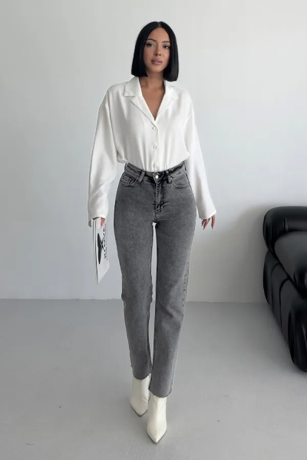 Fringe Ending High Waisted Mom Fit Jean  764-40-(26-28) Light Grey - Snow