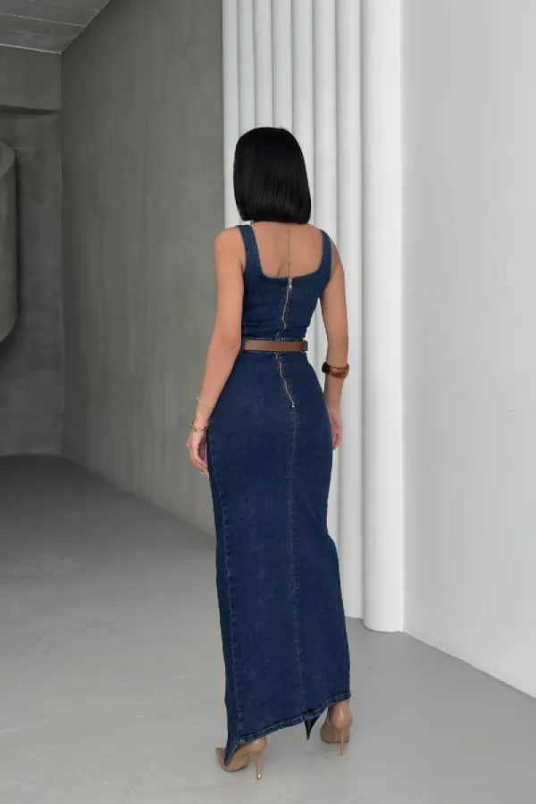 Asimetrik Detaylı Kot Elbise 3019-26-(S-XL)
