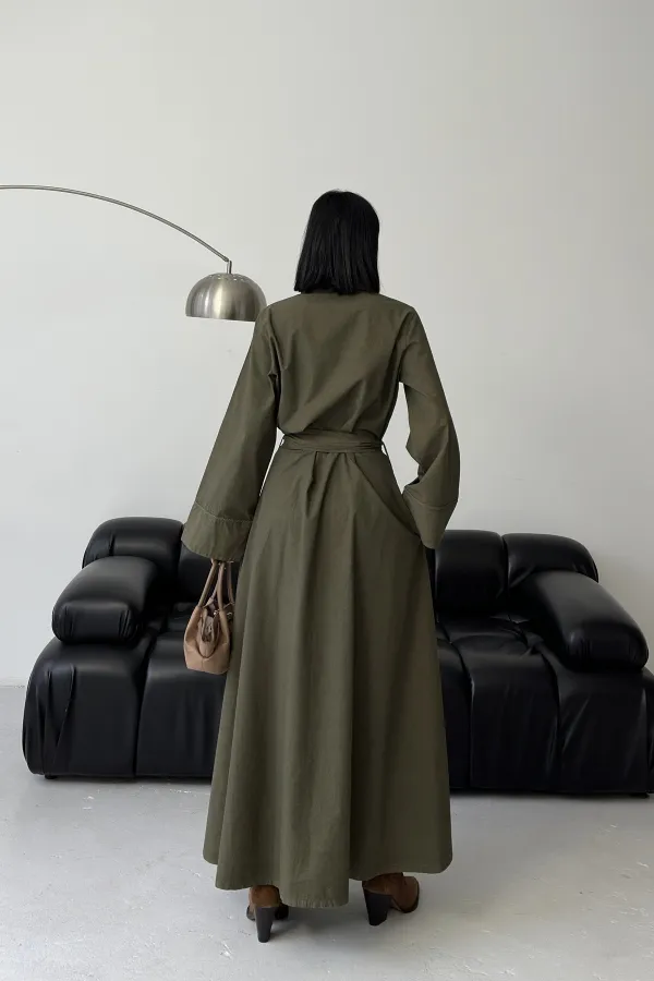 Düğmeli Uzun Boy Kot Elbise  3047-67-(S-XL)