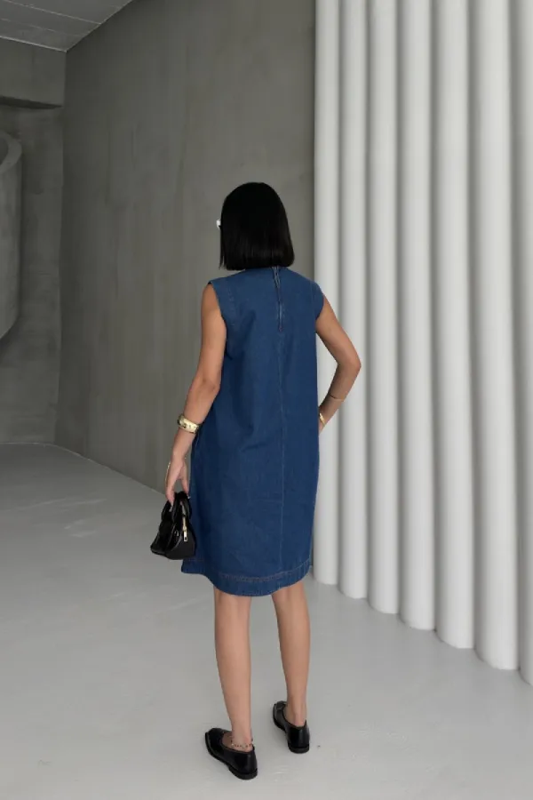 Sleeveless Oversize Denim Dress with Pocket 3043-26-(S-XL-6) Regular Dark Blue