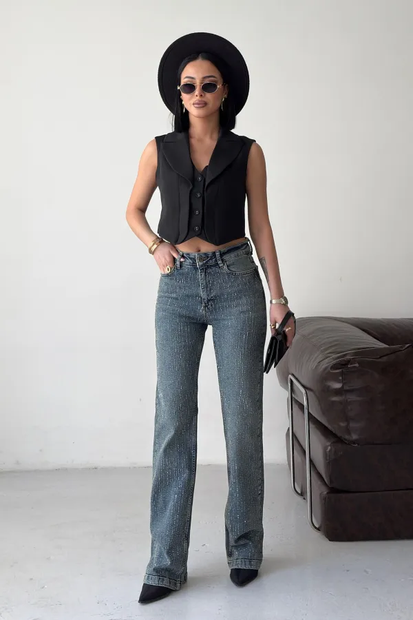 Taşlı Boru Paça Relax Kot Pantolon  7209-28-(27-32)
