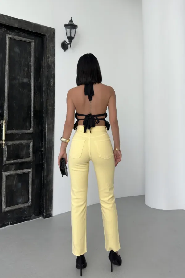 Fringe Ending High Waisted Mom Fit Jean 764-93-(28-33) Light Yellow