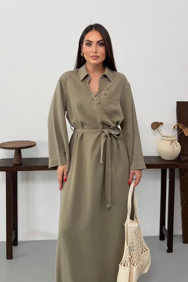 Belted Long Denim Dress 3035-74-(S-XL) Green