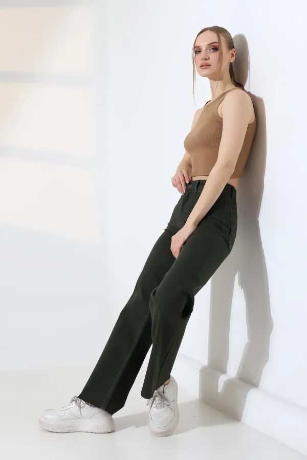 Wide Leg Palazzo Relaxed Jean with Decorative Front Pockets  1710-97-(27-32) Pine Green