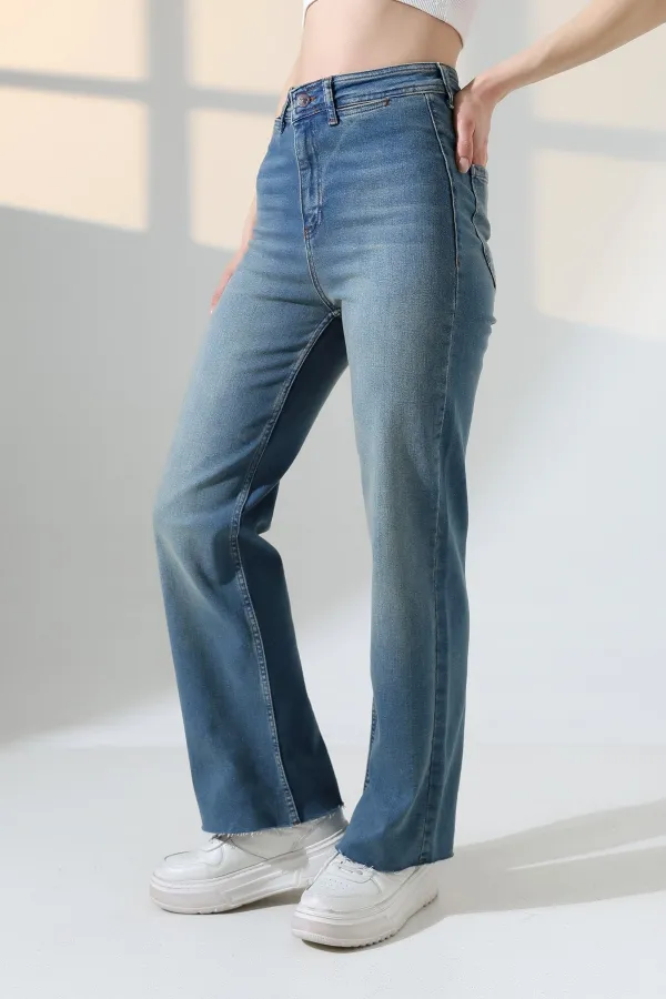 Wide Leg Palazzo Relaxed Jean with Decorative Front Pockets  1710-62-(30-36) Middle Blue - Tinted