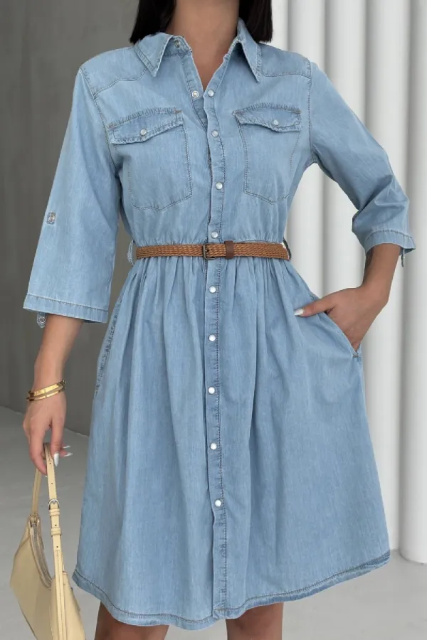 Büzgü Detaylı Kısa Kot Elbise 3040-15-(S-XL)