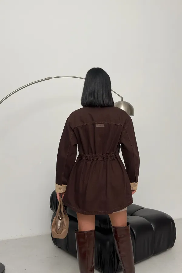 Velvet Piece Detailed Zippered Denim Jacket 6129-78-(S-XL) Brown