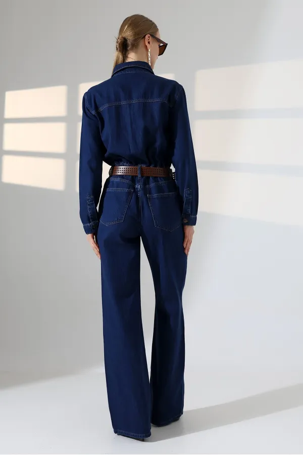 Gathered Denim Jumpsuit 3038-26-(S-L-3) Regular Dark Blue
