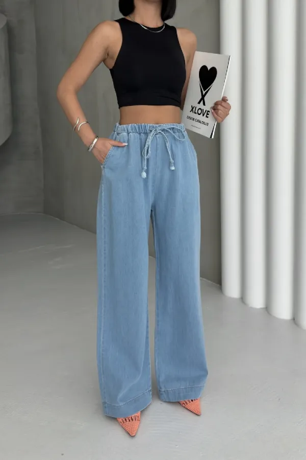 Elastic Waist Palazzo Jean 7076-25-(S-XL) Middle Blue