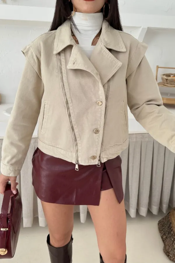 Zipper Detail Denim Jacket 6141-65-(S-L-3) Stone