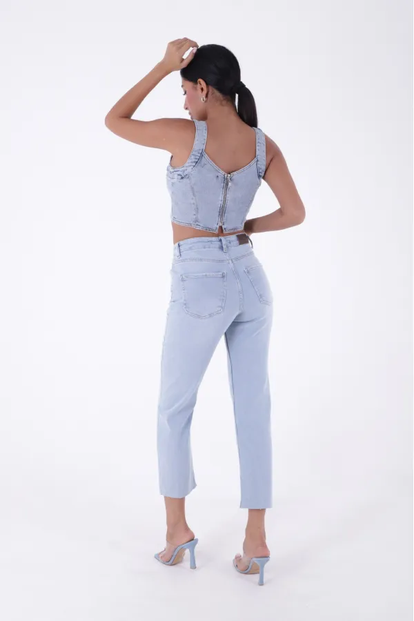Fringe Ending High Waisted Mom Fit Jean  764-42-(26-28) Ice Blue - Tinted