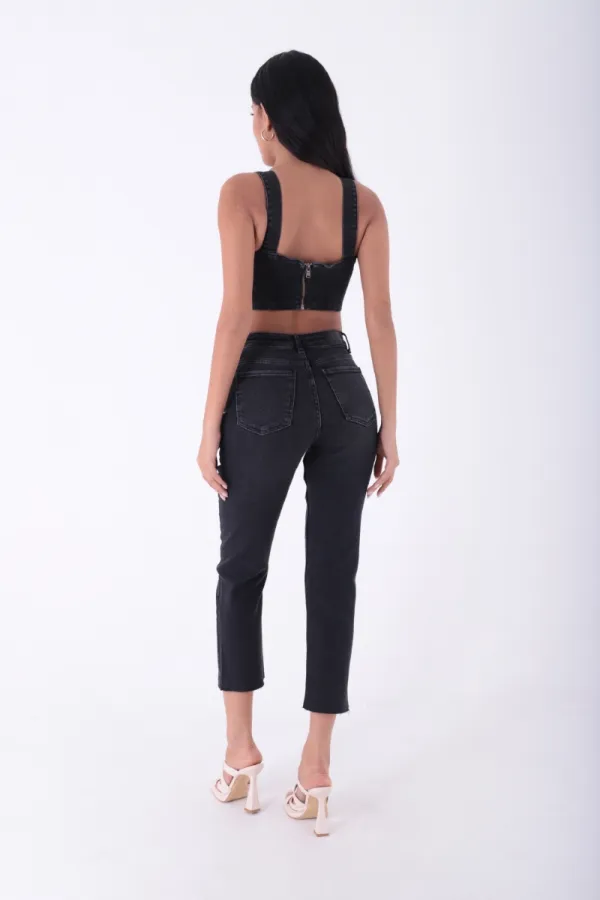 Fringe Ending High Waisted Mom Fit Jean 764-03-(26-29) Anthracite Denim