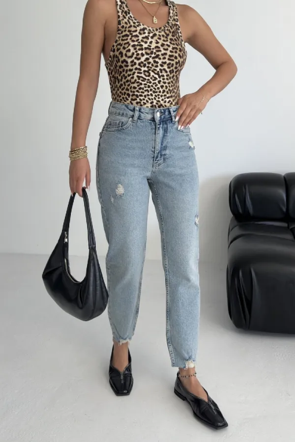 High Waisted Mom Fit Ankle Length Jean with Ripped Finish 884-14-(26-31) Light Blue and Tinted