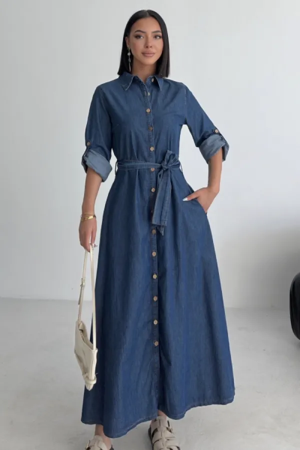 Düğmeli Uzun Boy Kot Elbise 3047-26-(S-XL)