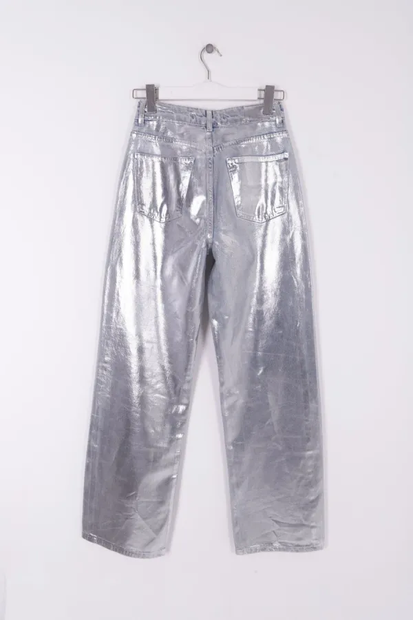 Wide Leg High Waisted Relaxed Jean  718-48-(28-33) Foiled Silver
