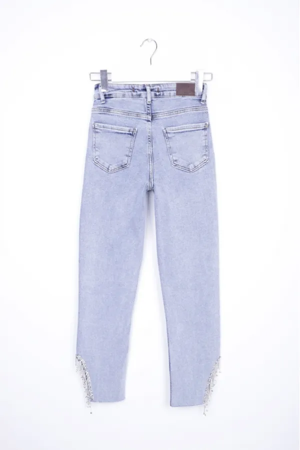 High Waisted Mom Jean with Rhinestones on Leg Hems Sides 1881-08-(28-33) Snow Light Blue High Waisted Mom Jean with Rhinestones on Leg Hems Sides 1881-08-(28-33) Snow Light Blue