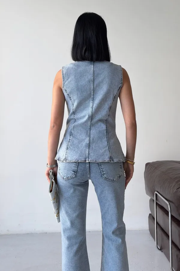 Denim Vest with Slit Front 6086-08-(S-XL) Snow Light Blue