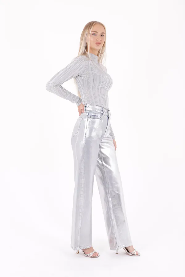 Wide Leg High Waisted Relaxed Jean  718-48-(26-31) Foiled Silver