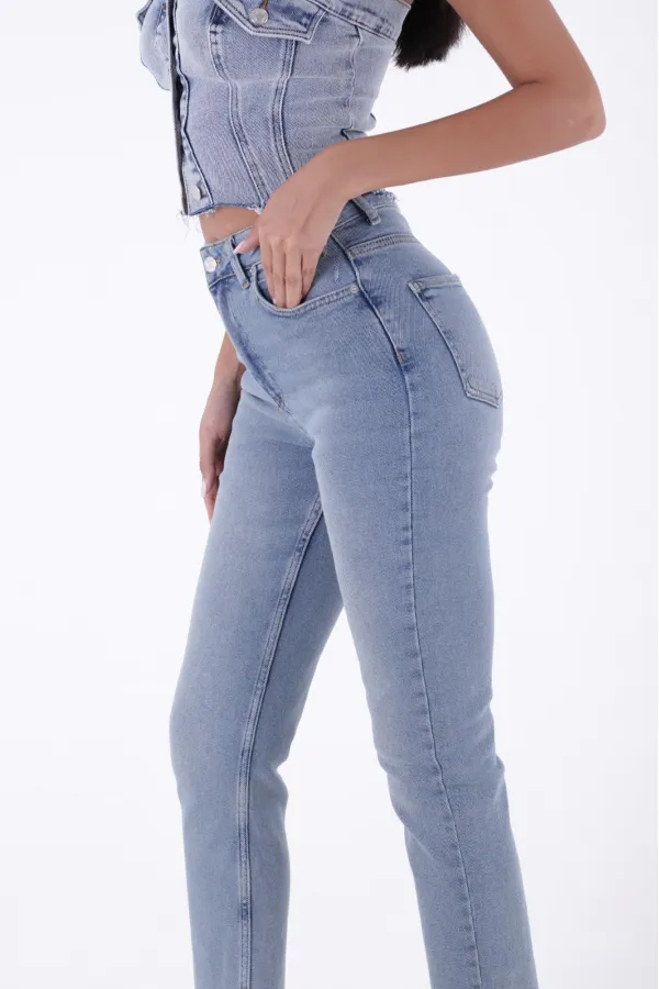 Fringe Ending High Waisted Mom Fit Jean  764-62-(30-36) Middle Blue - Tinted
