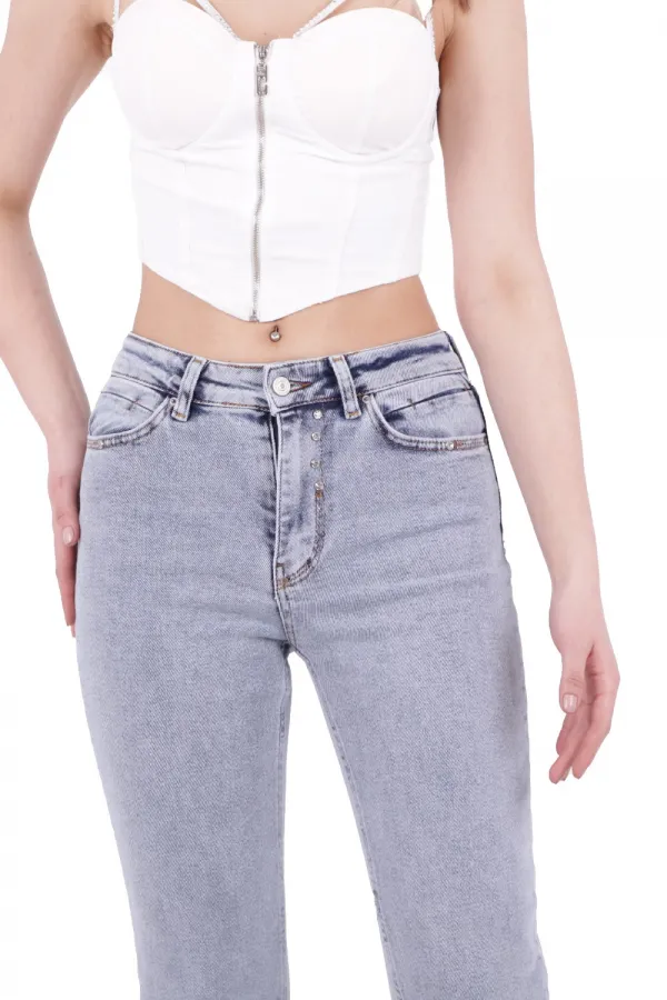 Paçası Yırtmaçlı Serpme Detaylı Mom Fit Jean  1769-08-(28-33)