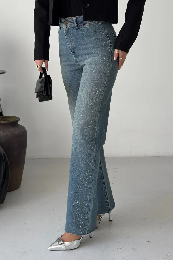Relaxed Trousers with Stone Embellished Decorative Pockets 7213-62-(27-32) Middle Blue - Tinted