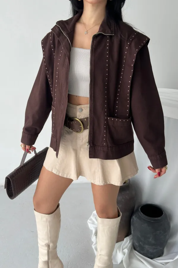 Denim Jacket with Stud Details 6253-78-(S-L-3) Brown