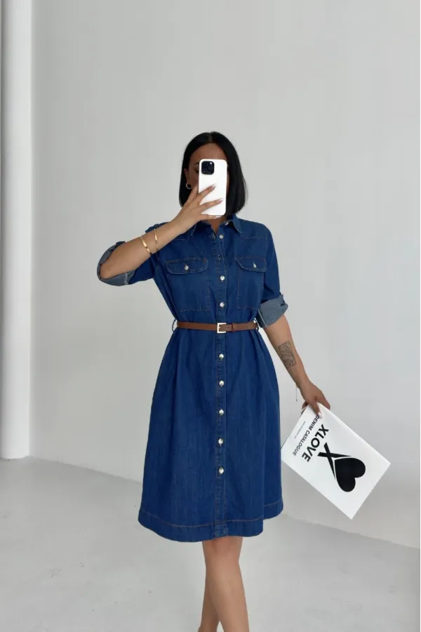 Düğmeli Uzun Gömlek Elbise 6102-26-(S-XL) Düğmeli Uzun Gömlek Elbise 6102-26-(S-XL)