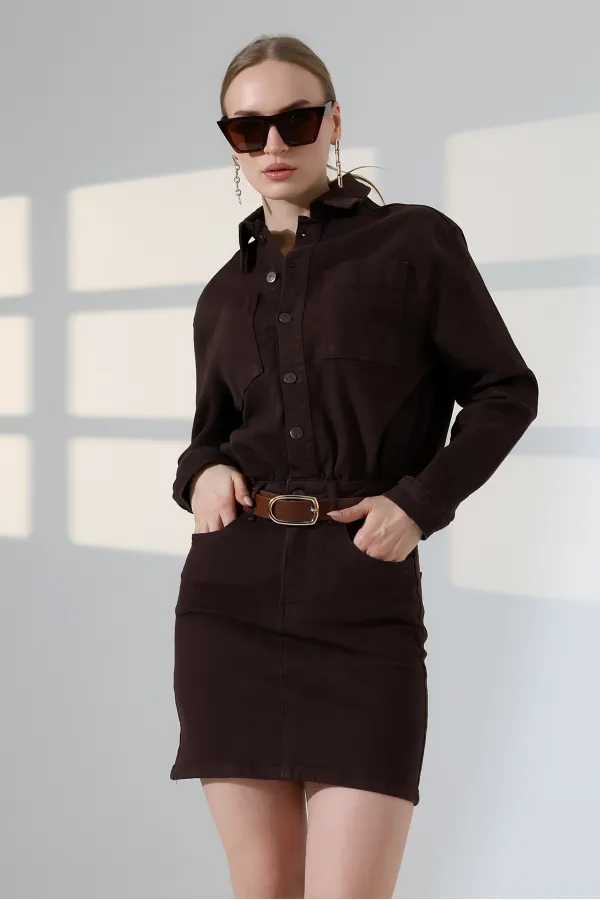 Buttoned Mini Denim Dress  3027-78-(S-L-3) Brown