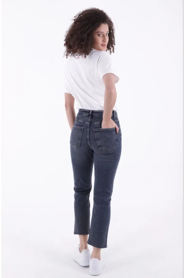 Fringe Ending High Waisted Mom Fit Jean 764-28-(26-29) Dark Blue Snow Denim