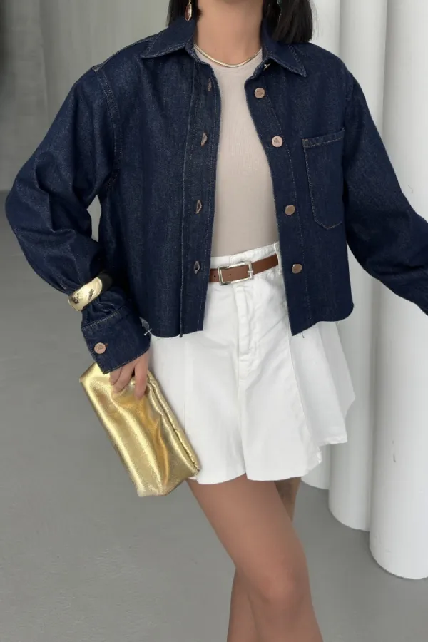 Short Denim Jacket with Pockets 6082-17-(S-XL) Slubbed Navy Blue