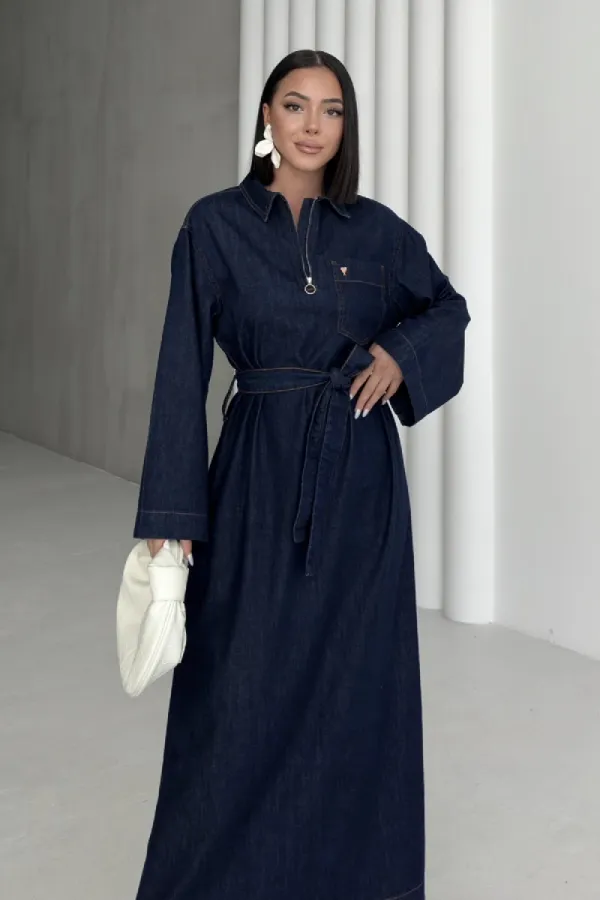 Kuşaklı Uzun Kot Elbise  3035-17-(S-XL)