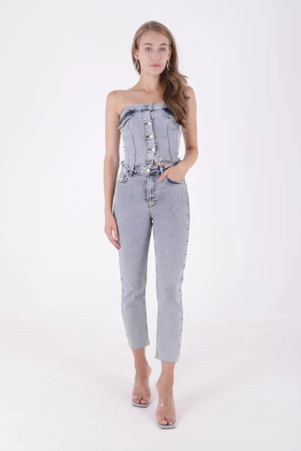 Yanları Droplı Kot Pantolon 7039-08-(28-33)