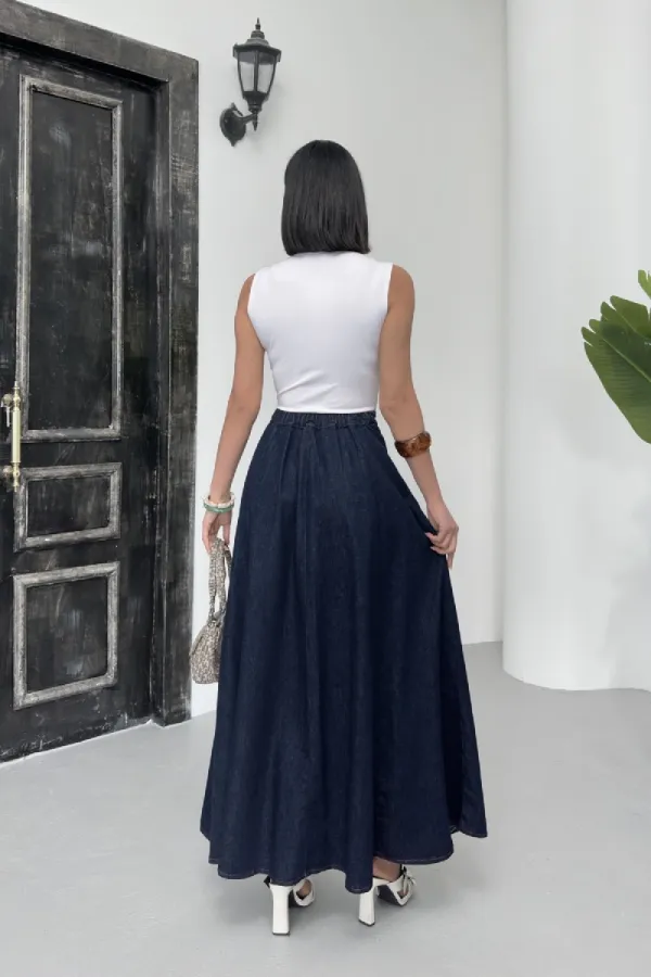 Ruffled Long Skirt with Elasticated Waist  1063-17-(S-XL) Slubbed Navy Blue
