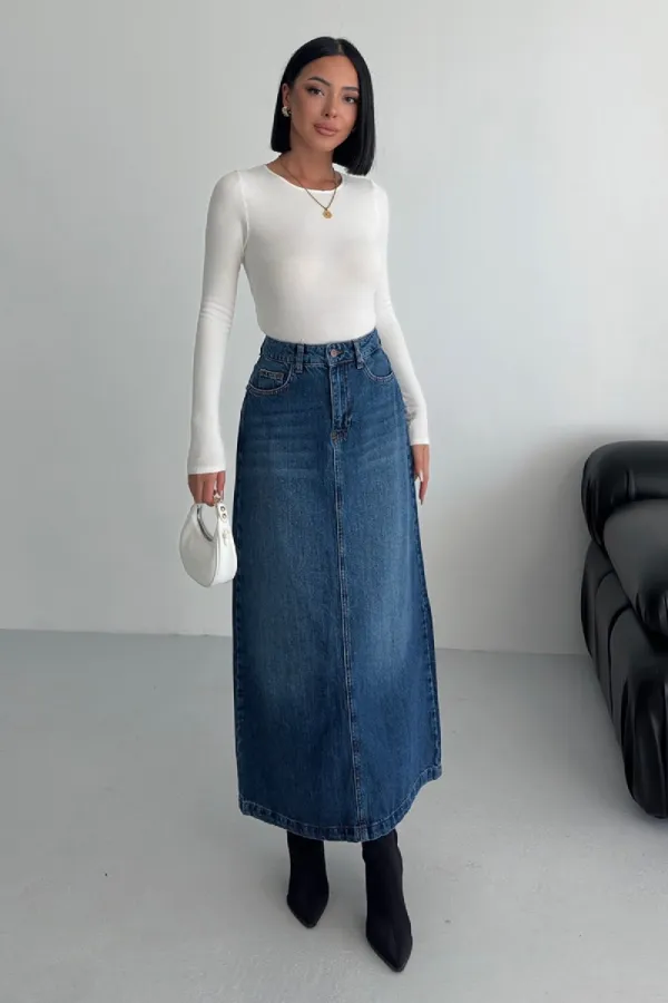 Long Denim Skirt 1082-01-(36-42-6) Dark Blue Denim