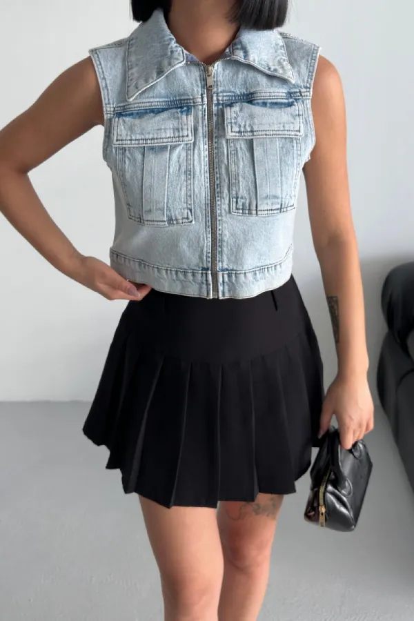 Fermuarlı Mini Kot Yelek 6018-08-(XS-XL-5)