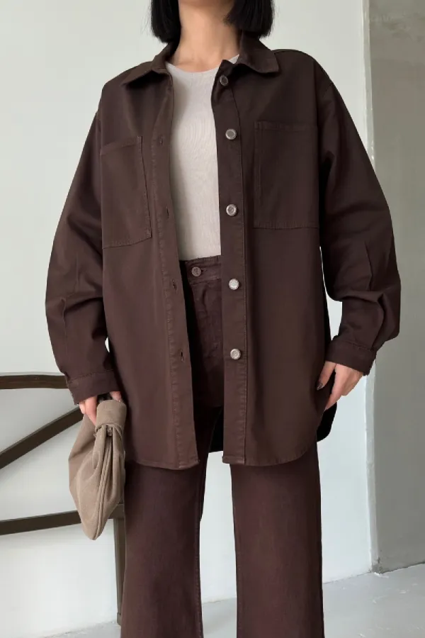 Oversize Denim Jacket with Buttons 6080-78-(S+L+3) Brown