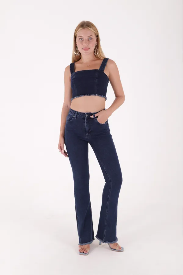 Püsküllü Paçalı Flare Kot Pantolon  1848-26-(S-L-6)
