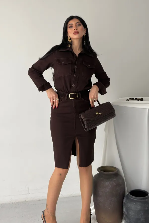 Shirt Dress with Buttons 3087-78-(S-L-3) Brown Shirt Dress with Buttons 3087-78-(S-L-3) Brown