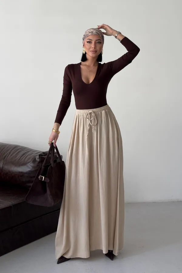 Elasticated Long Skirt HS131-65-(S-L-3) Stone